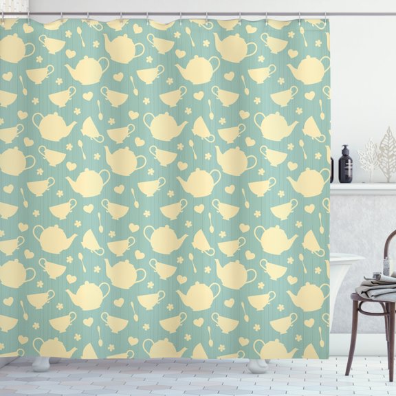 Ambesonne Kitchen Shower Curtain, Tea Cup Teapot British, 69"Wx84"L, Pale Yellow Turquoise