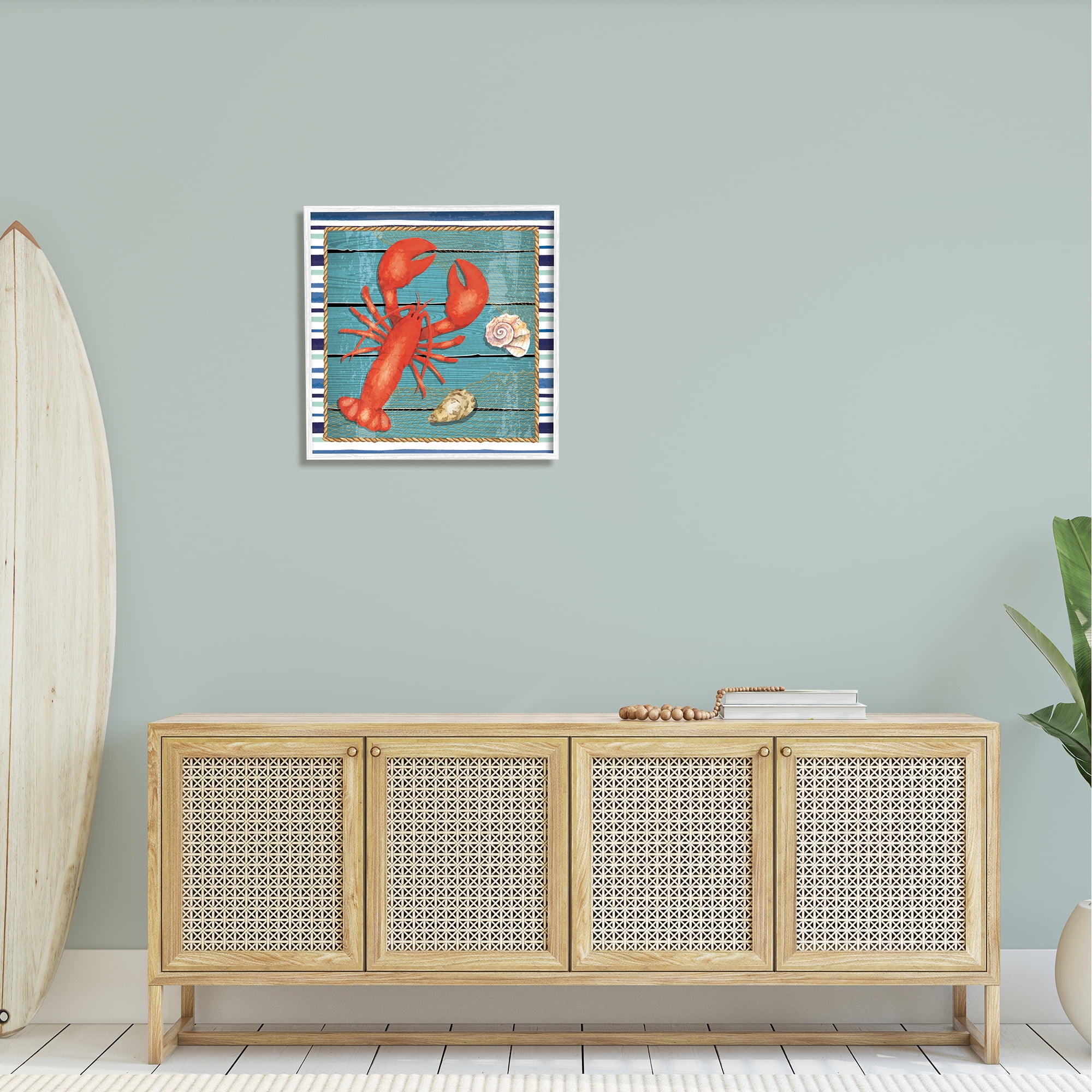 Stupell Lobster & Shells Coastal Stripes Landscape Painting White Framed Art Print Wall Art