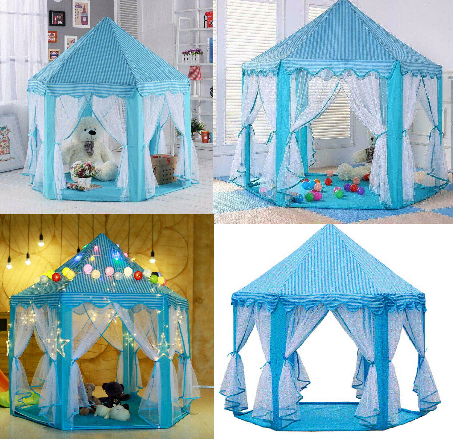 Tent Princess House Castle Girls Playhouse Kids In/Outdoor Fairy Play Tent Blue 