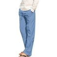 thumbnail image 2 of Men's Cotton Linen Long Pants Drawstring Loose Fit Beach Pants Lightweight Elastic Waist Yoga Lounge Trousers, 2 of 3