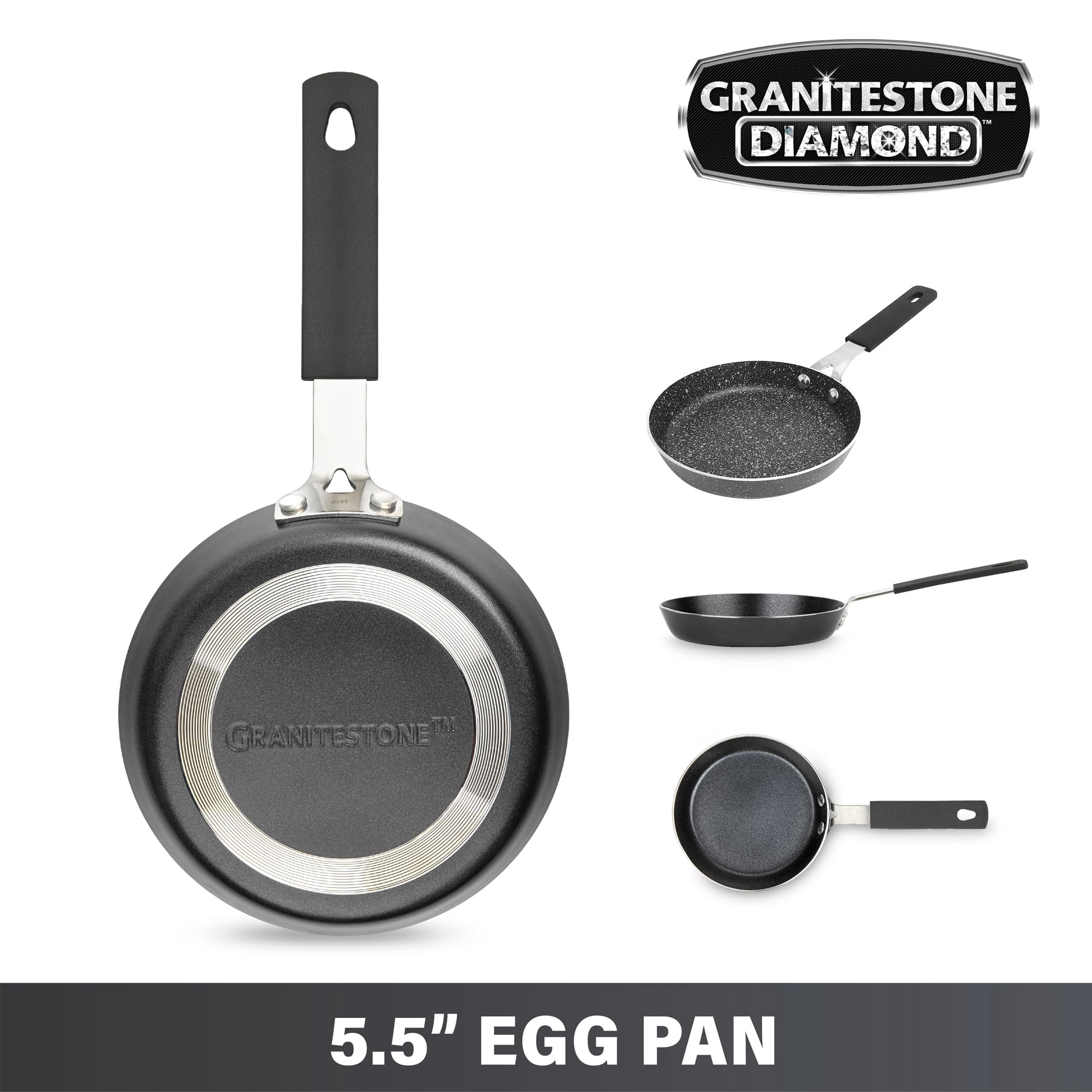Granitestone Egg Pan 5.5" Nonstick Single Serve Eggpan with Rubber, Heat-Proof Handle, Dishwasher and Oven Safe, Aluminum Cookware