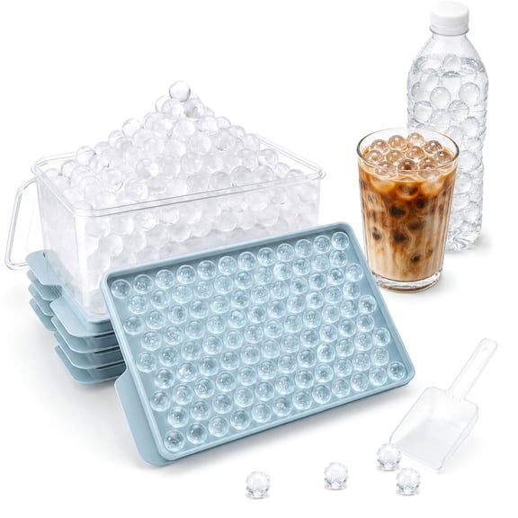 Mini Ice Cube Trays with Lid, 4 Pack Stackable Freezer Ice Trays, Easy Release Mini Round Ice Balls for Coffee & Drinks, BPA-Free Storage Bin with Scoop