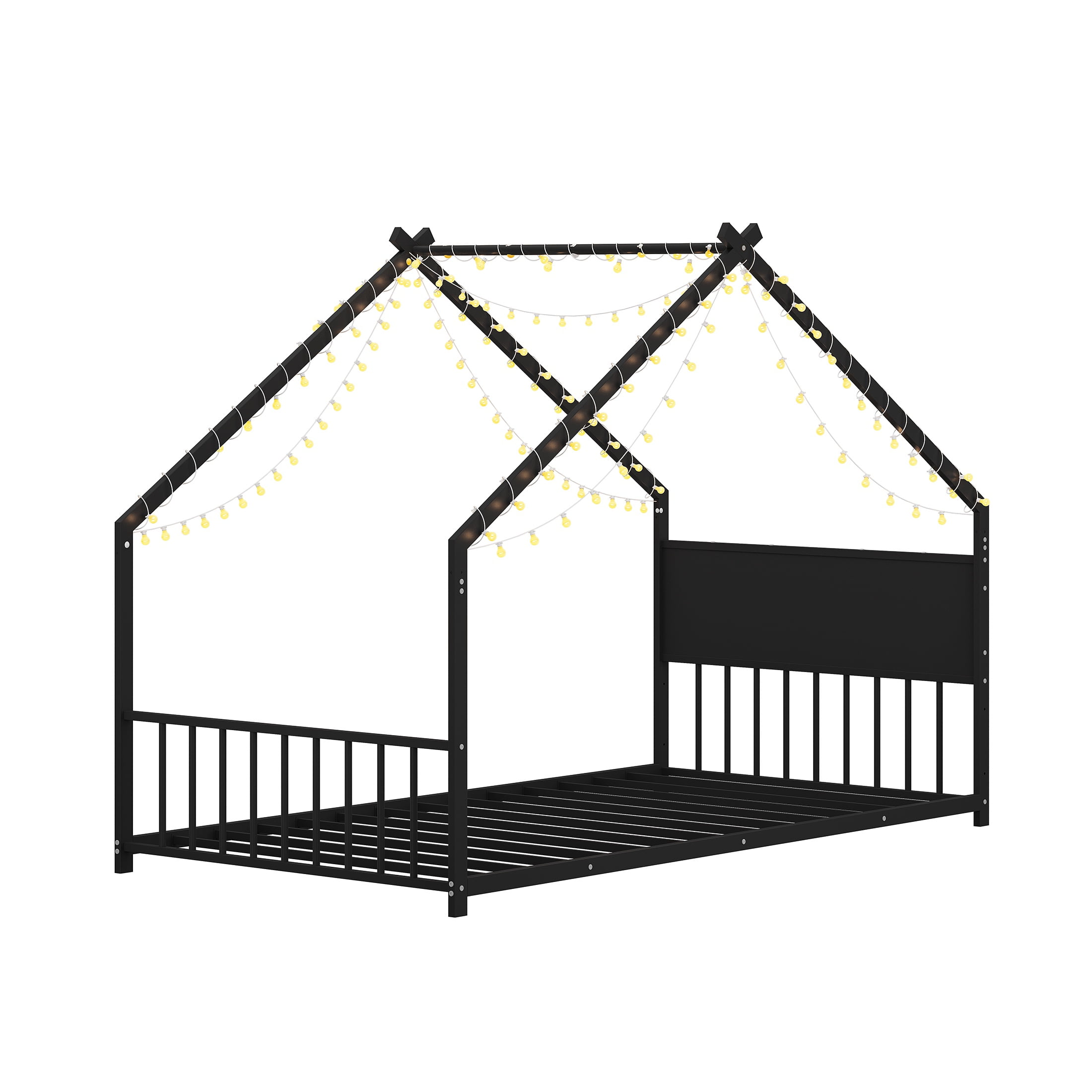 PORKISS Twin Size Floor Bed, Metal Toddler Bed with LED Light Strips, Slat, Fence, No Box Spring Needed, Montessori Bed, Full House Bed Frame for Kids, Boys, Girls, Black #2