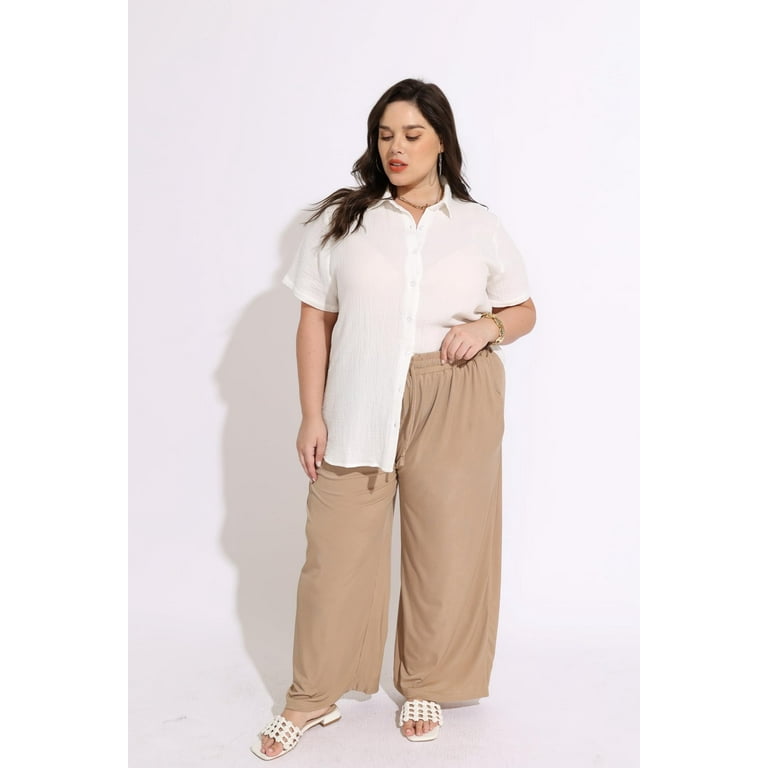 TIYOMI Plus Size Wide Leg Pants for Women Khaki Elastic High TIYOMI Plus Size Wide Leg Pants for Women Khaki Elastic High