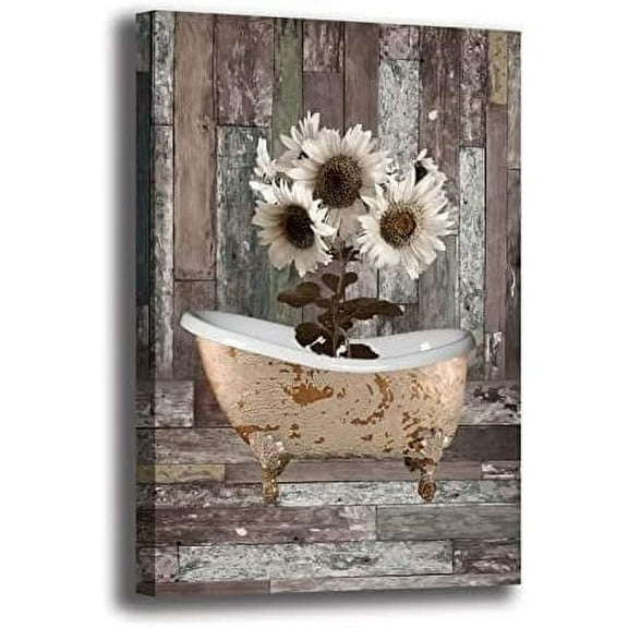 Farmhouse Bathroom Wall Art Sunflower Wall Decor Rustic Farmhouse Sunflowers Painting Poster Flower Artwork Picture Canvas Painting Home Decor For Bedroom Living Room 12X16 inch Frameless