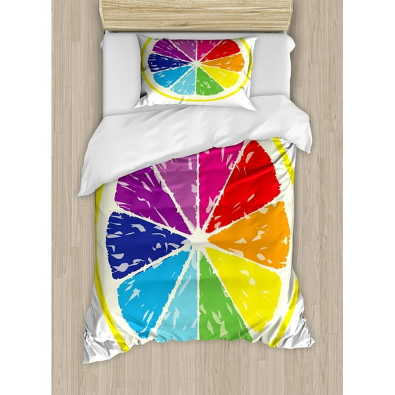 Lemon Twin Size Duvet Cover Set, Cross Sectional View of Partioned Citrus with Transitioned Rainbow Colors Slice Frame, Decorative 2 Piece Bedding Set with 1 Pillow Sham, Multicolor, by Ambesonne