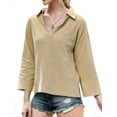 thumbnail image 3 of Women Pocket Long Sleeve Stand Collar V Neck Solid Color Shirt, 3 of 7