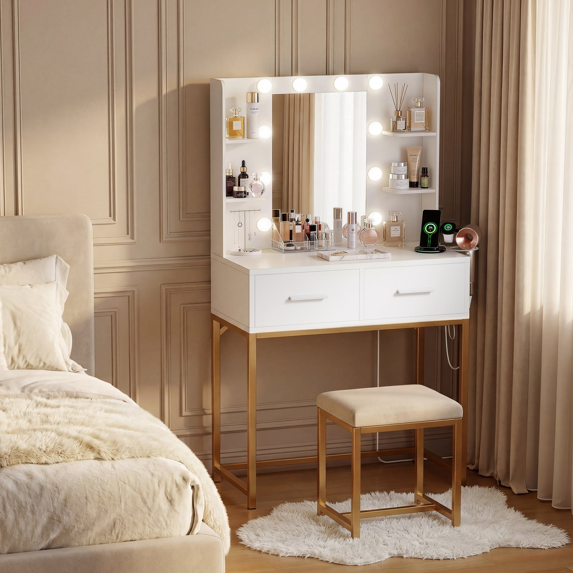 Homall Vanity Desk with Mirror, Power Outlet & LED Lights, Makeup Vanity Table with 2 Drawers & 4 Shelves, Dressing Table for Bedroom Dressing Room, White
