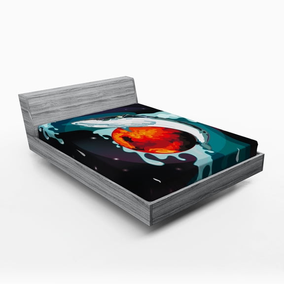 Ambesonne Animal Fitted Sheet, Whale and Fisher Sailor, Full Size, Blue Dark Blue and White