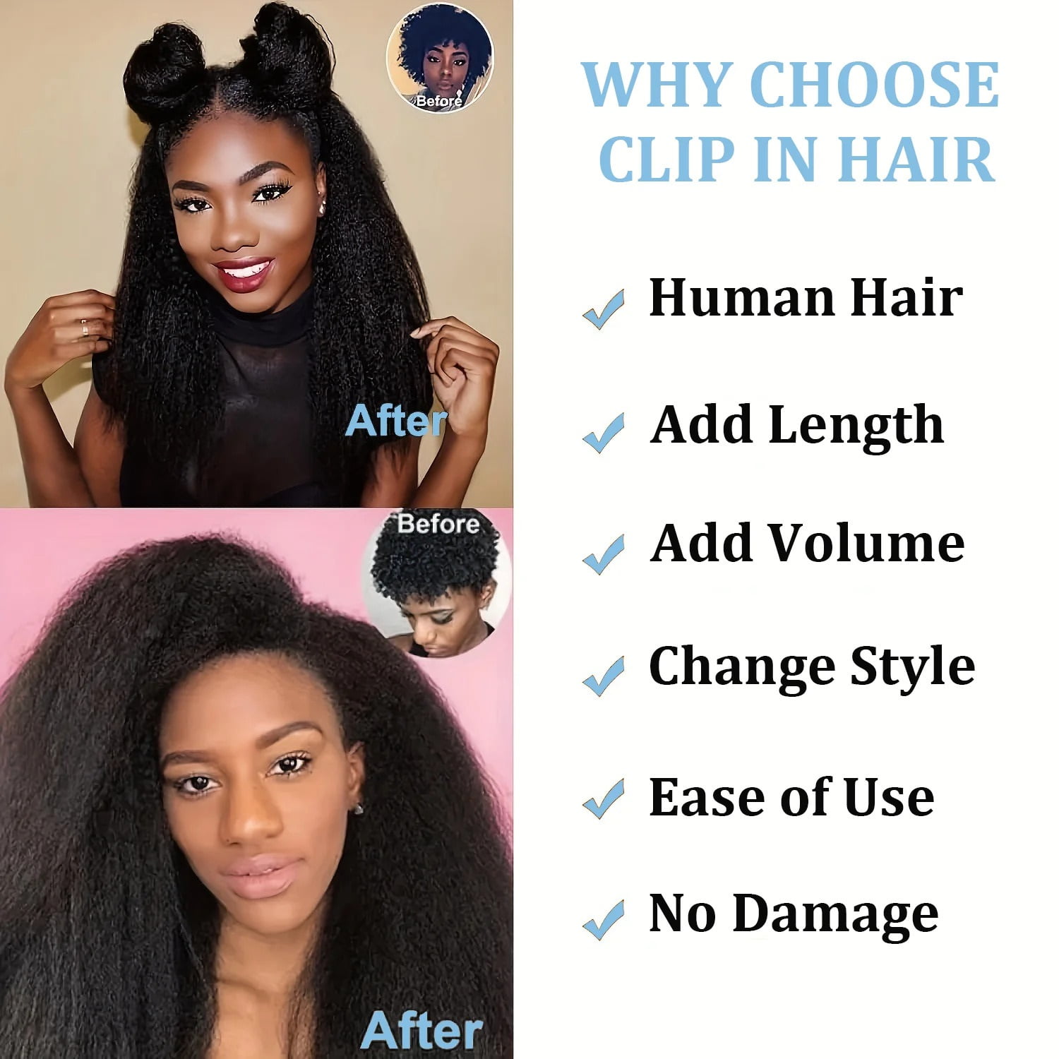 Kinky Straight Clips In Human Hair Extensions Natural Color 8Pcs/Set Full Head For Women