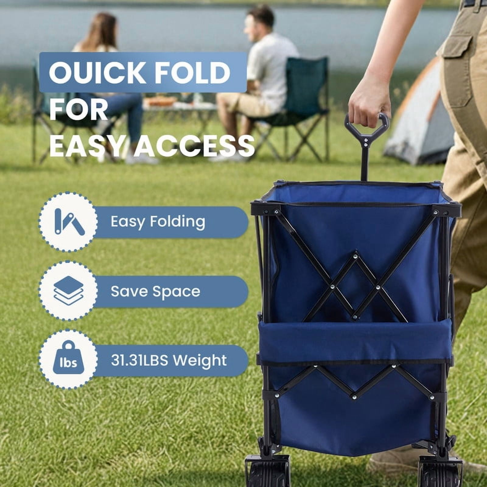 Gianna Folding Double Decker Wagon with Brakes, 54" Extra Long Extended Cart, Equipped with 7" All-Terrain Big Wheels for Camping, Sports，Blue