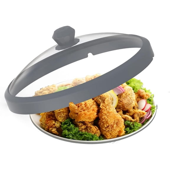 PrimeCook Shop Microwave Glass Cover Splatter Guard Lid with Anti-scald Silicone Handles and Vented Edge for Food Pot Plate Cover 10.5 inch Grey