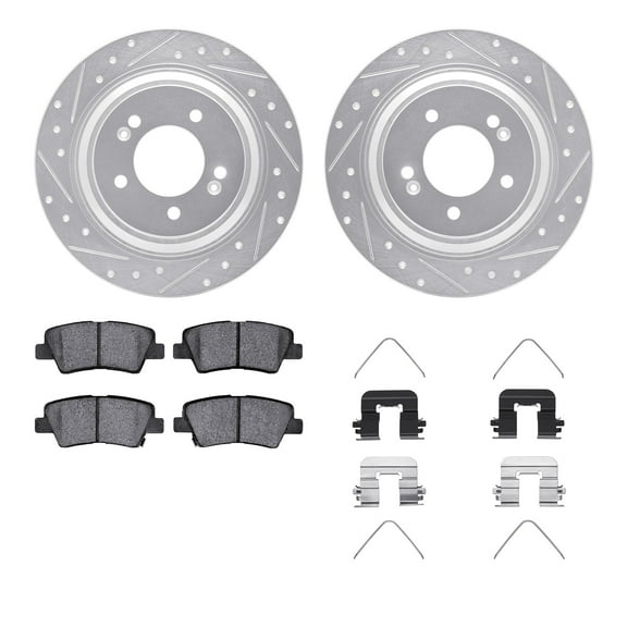 Dynamic Friction Company Rear Brake Rotors-Drilled and Slotted-Silver with 5000 Advanced Brake Pads includes Hardware 7512-21043