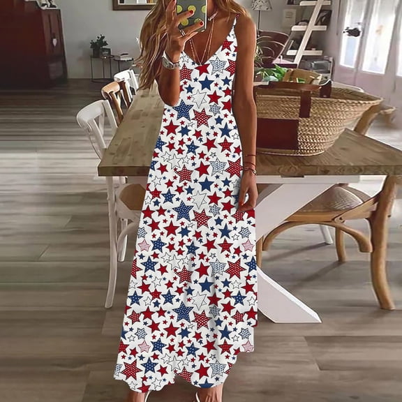 Frostluinai Womens 4th of July Patriotic Dresses V Neck Spaghetti Strap Maxi Dress USA Flag Flowy Dress Cheap 4th of July Dresses Under $30