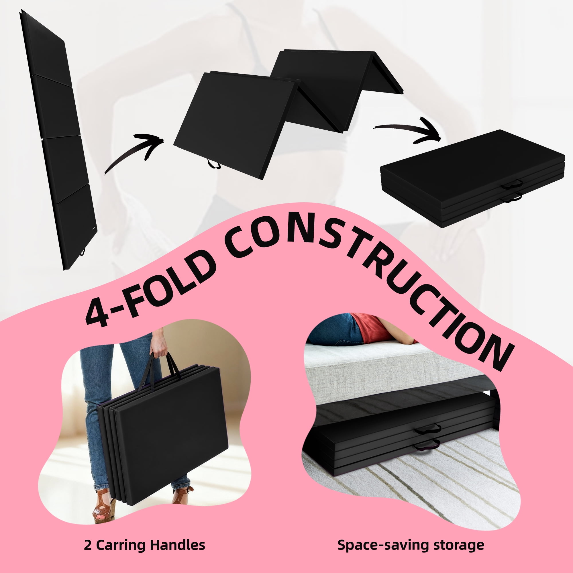Signature Fitness 4ft x 8ft x 2in Folding Gymnastics Mat, 4-Panel Exercise Mat with Handles, PVC Leather + EPE Foam, Multiple Colors