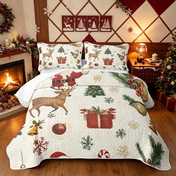 Erosebridal Reindeer Gift Twin Quilt Set, Tree Acorn Twin Coverlet Set, Cream, 2 Pieces, 1 Bedspread and 1 Pillowcase