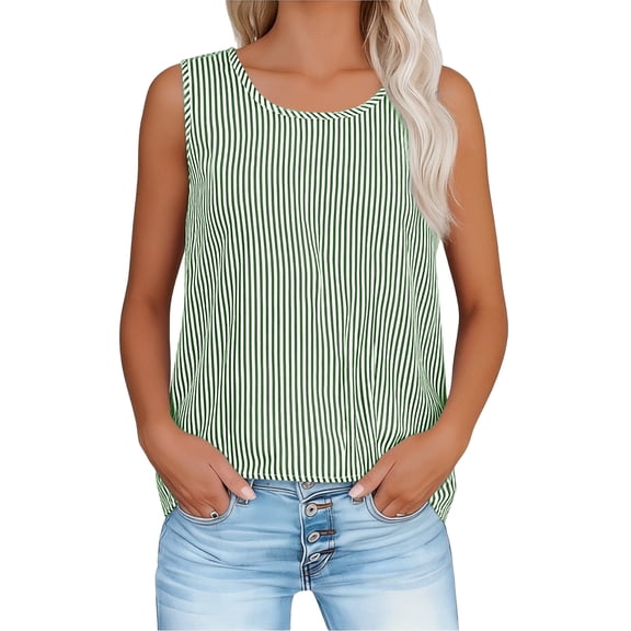 Womens Striped Tank Tops Summer Casual Linen Sleeveless Shirts Round Neck Trendy Travel Going Out Clothes Green, M