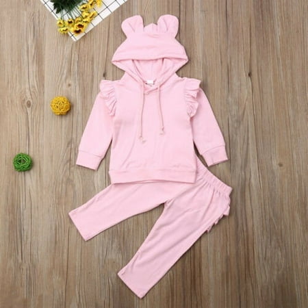 

Cute Baby Girl Tracksuit Ruffles Hooded Long Sleeve Tops T Shirt Pants Trousers Outfit Baby Girl Pink Cotton Clothes Set