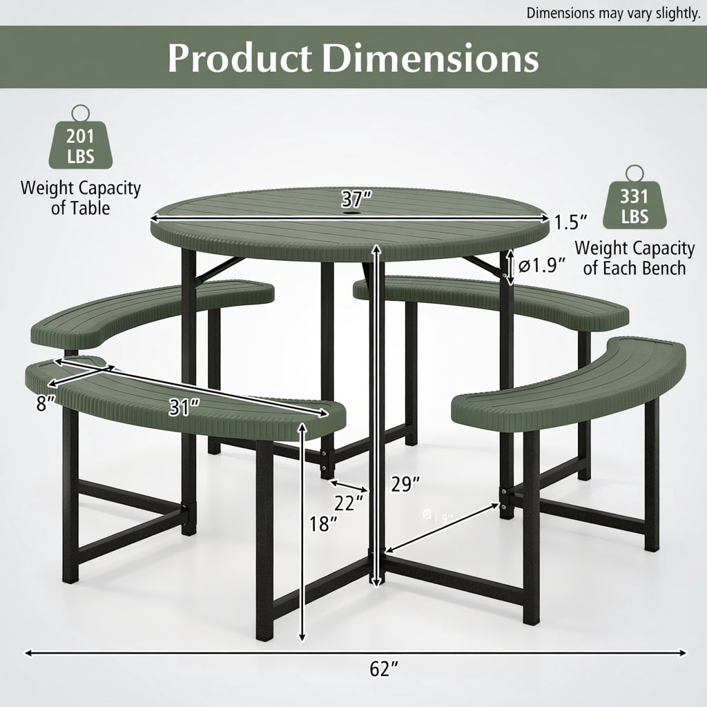 Hommoo Round Outdoor Picnic Table Set with 4 Benches, Umbrella Hole, Heavy-Duty Metal Frame & HDPE Top, White