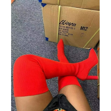 

Womens Pointed Thigh High Boots Over The Knee Stretch High Boots Knitted Pointed Toe Chunky Booties for Ladies Red