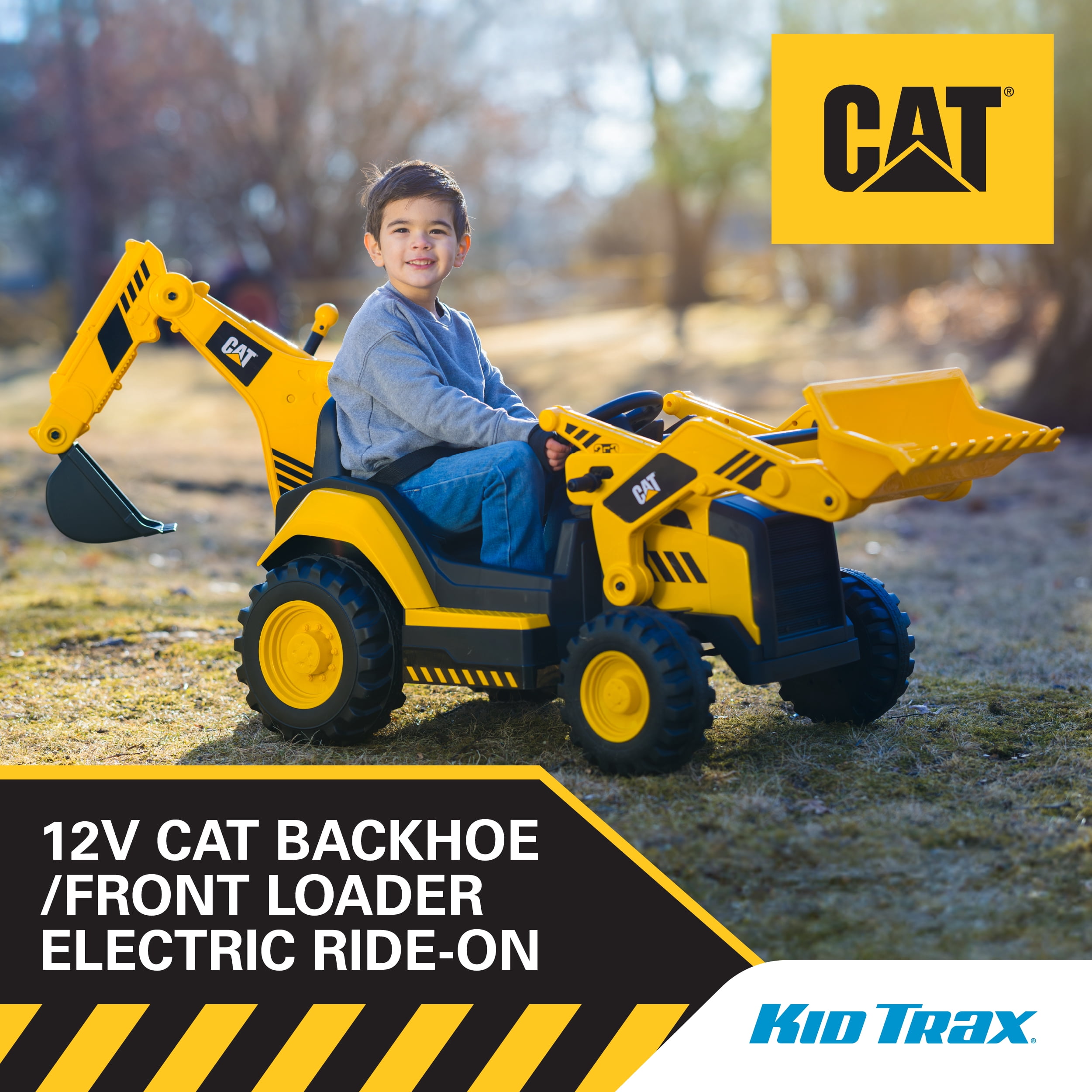 Kid Trax 12V CAT Backhoe Loader Ride-On Excavator with Working Loaders, MP3, Real Sounds, Ages 3–6