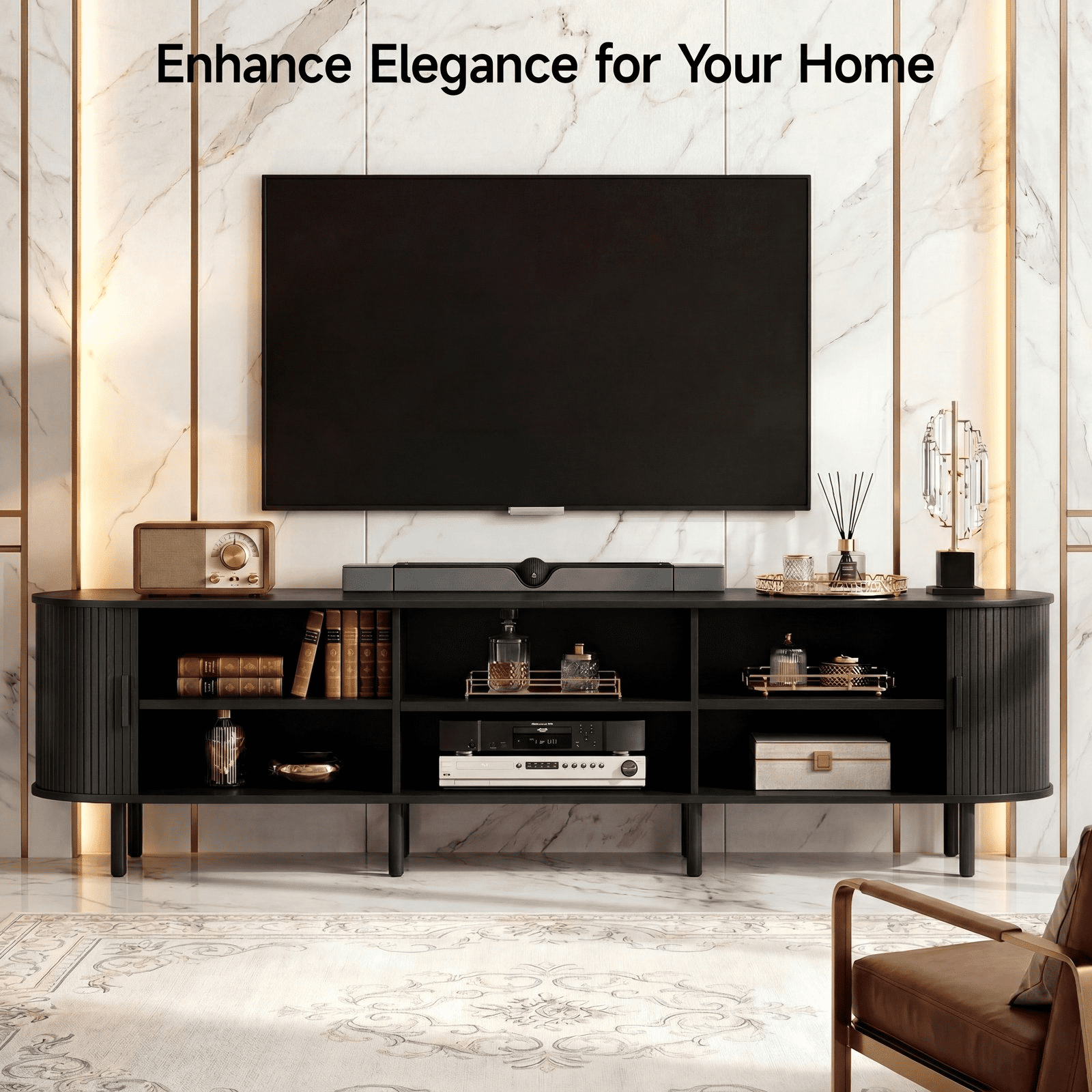 ROGALIS 86.6-Inch TV Stand with Built-in Power Outlet, Compatible with TVs Up to 90 Inches, Modern Entertainment Center with Adjustable Shelves, Storage Space, and Sliding Doors, Black