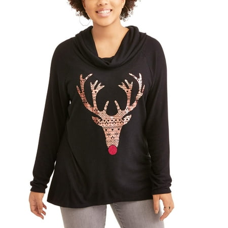 Junior Plus Rudolph Reindeer Printed Cowl Neck Pullover