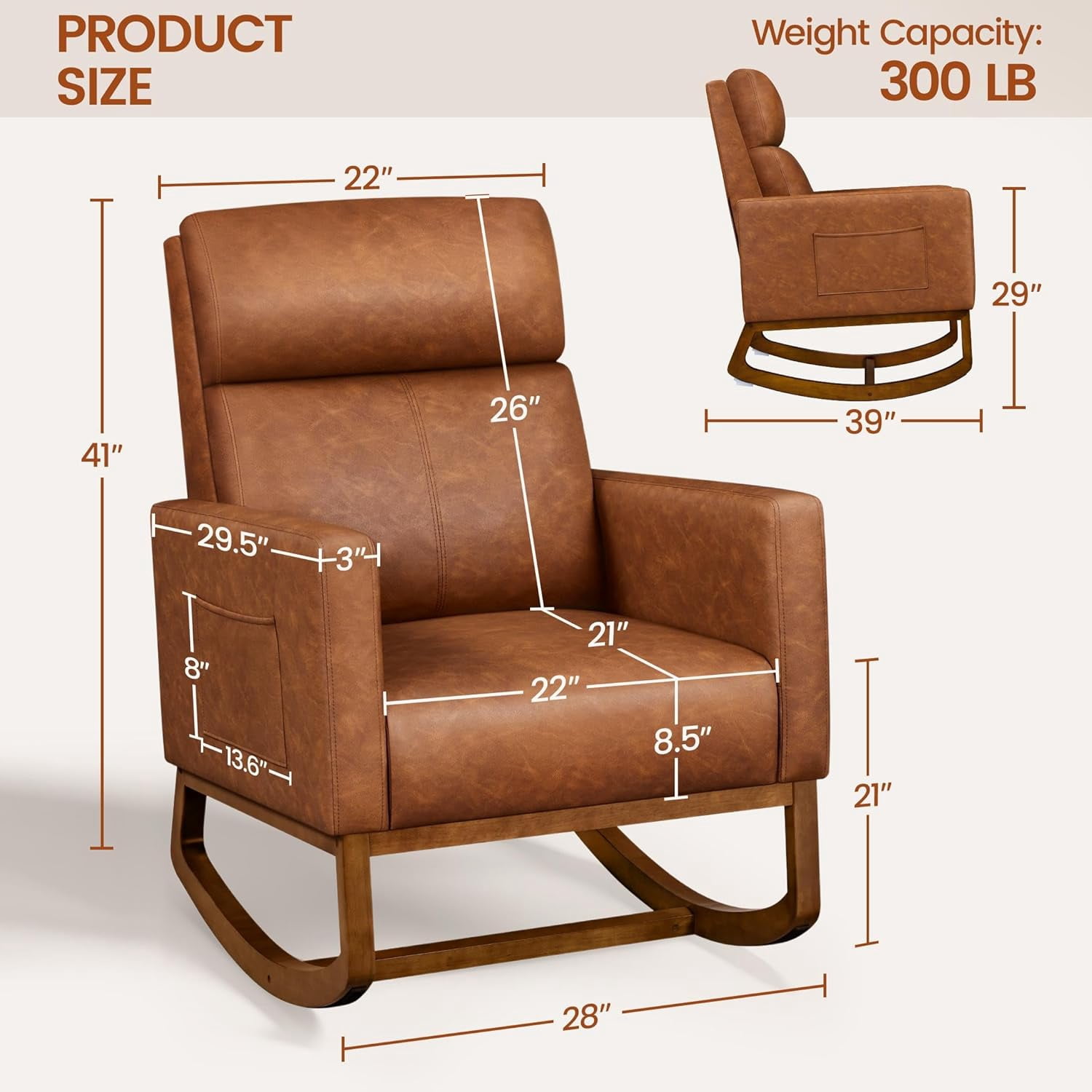 Leather Glider Chair, Modern Rocking Chair, Nursery Faux Leather Glider Chair with Rubber Wood Legs and Side Pocket, Rocking Accent Armchair for Living Room, Bedroom, Brown