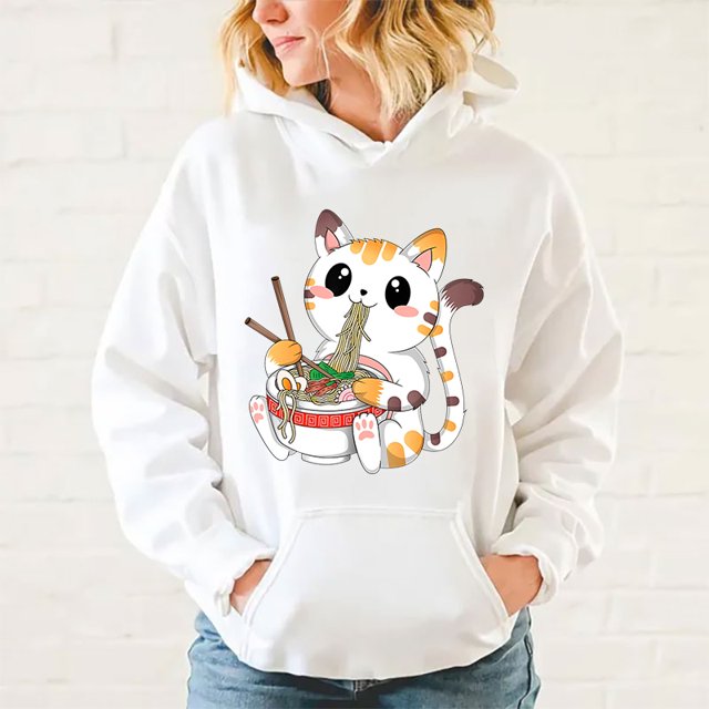 Nueva sudadera con capucha de gato kawaii comiendo ramen para mujeres, hombres y adolescentes, informal, con personalidad, sudadera de manga larga a la moda
