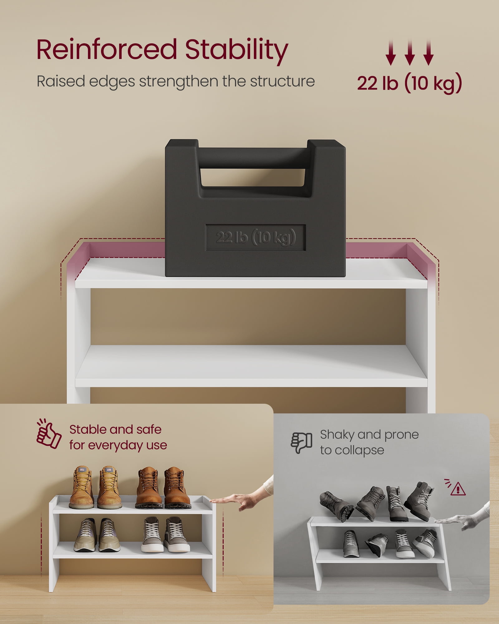 VASAGLE Shoe Rack for Closet, Stackable Shoe Organizer Shelf for Entryway, 2 Tiers, 11.7 x 24.4 x 14.2 Inches, White