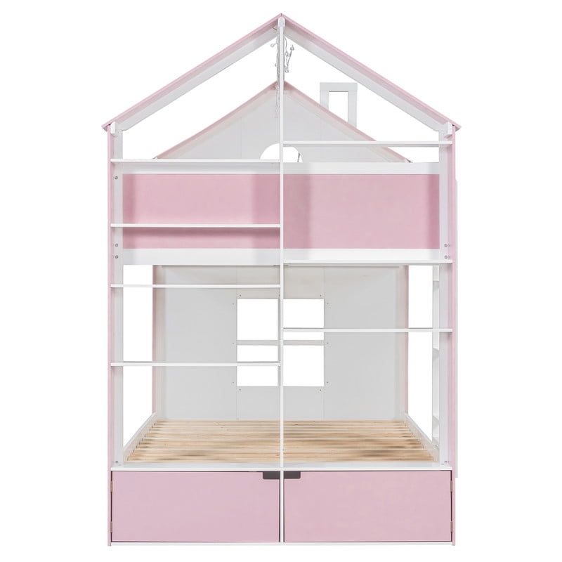 Full-Over-Full Two-Tone Accent Bunk Bed Frame with Cabinet, Drawers & Shelves, Modern Storage Kids Bed with LED Light Strip