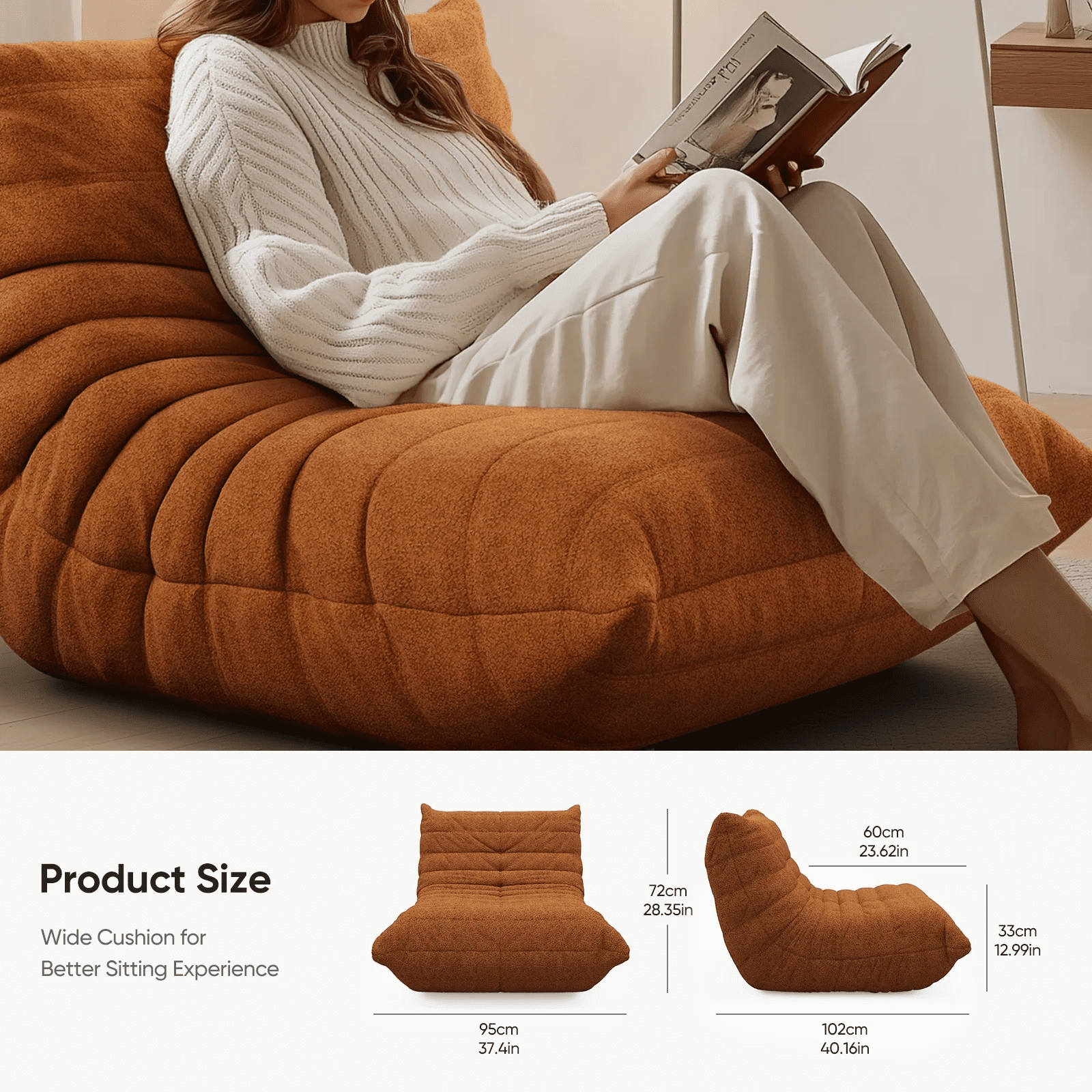 Raffle Pinker Bean Bag Chair for Adults, Comfy Fireside Chair Bean Bag Sofa with Memory Foam, Large Lazy Sofa for Living Room Bedroom Office, Orange