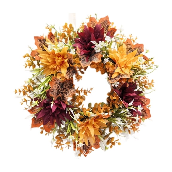 18" Fall Wreath for Front Door, Artificial Autumn Dahlia Maple Leaf Wreath with Eucalyptus & White Wildflowers, Thanksgiving Halloween Harvest Home Porch Decor