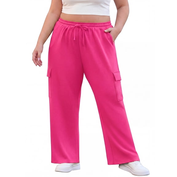 Cueply Women's Plus Size Wide Leg Cargo Sweatpants High Waisted Drawstring Lounge Pants with Pockets