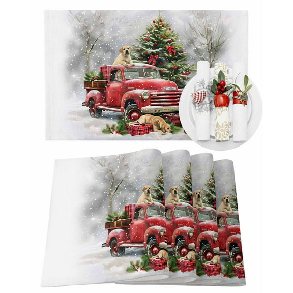 Merry Christmas Red Truck Placemats Set of 1 Xmas Tree Present Dog Winter Snow Heat Insulation Washable Place Mats, Rustic Non-Slip Table Mats for Dining Table Party Kitchen Decor,13x19 Inch
