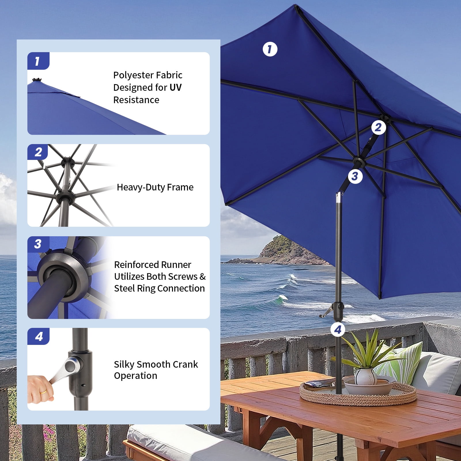 CROWN SHADES 9 Ft Patio Umbrella Polyester Outdoor Umbrella Patented Edge Connection Windproof Design Blue