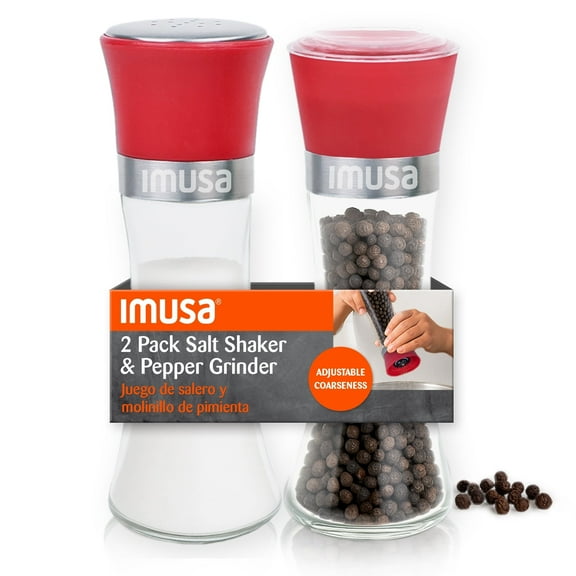 IMUSA Salt and Pepper Grinder Set, 2 Pack Glass Salt Shaker and Pepper Mill, Adjustable