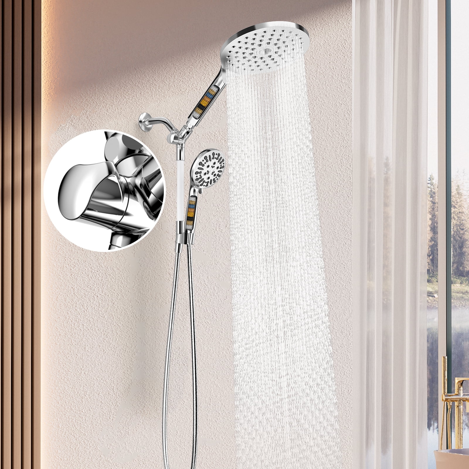 KAIYING Filtered Dual Shower Head System, 9-Mode Rain and Handheld Spray Combo with Adjustable Extension Arm, Chrome