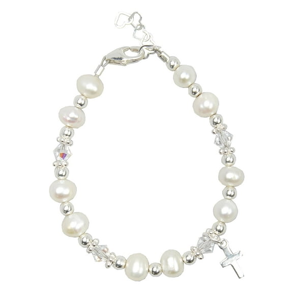 White Cultured Fresh Water Pearls & Sterling Silver Cross Bracelet