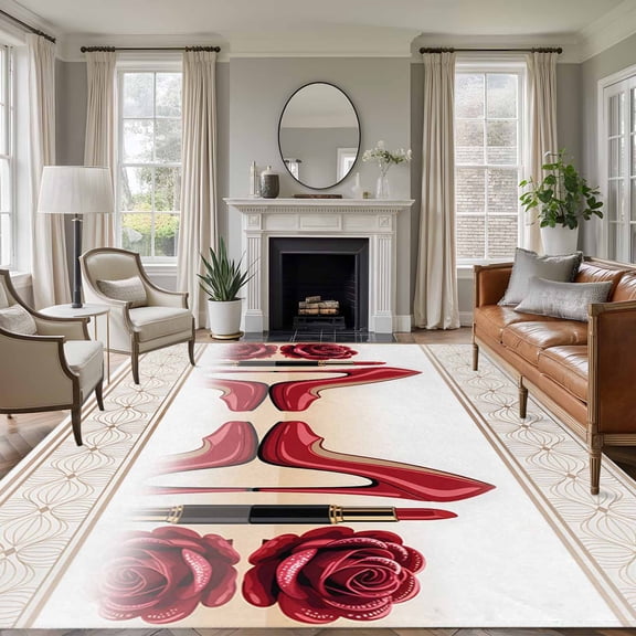 Area Rug for Living Room, Red Roses Non-Slip Indoor Large Carpet for Bedroom/Dining Room, High Heel Modern Art Washable Low-Profile Rectangle Floor Runner Rugs - 5 x 8 Ft