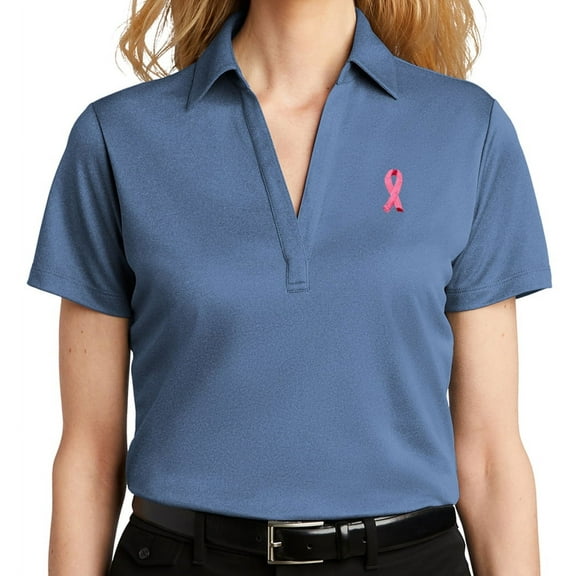 Women's Breast Cancer Awareness Pink Ribbon Patch No Button Polo Shirt, Medium Moonlight Blue Heather