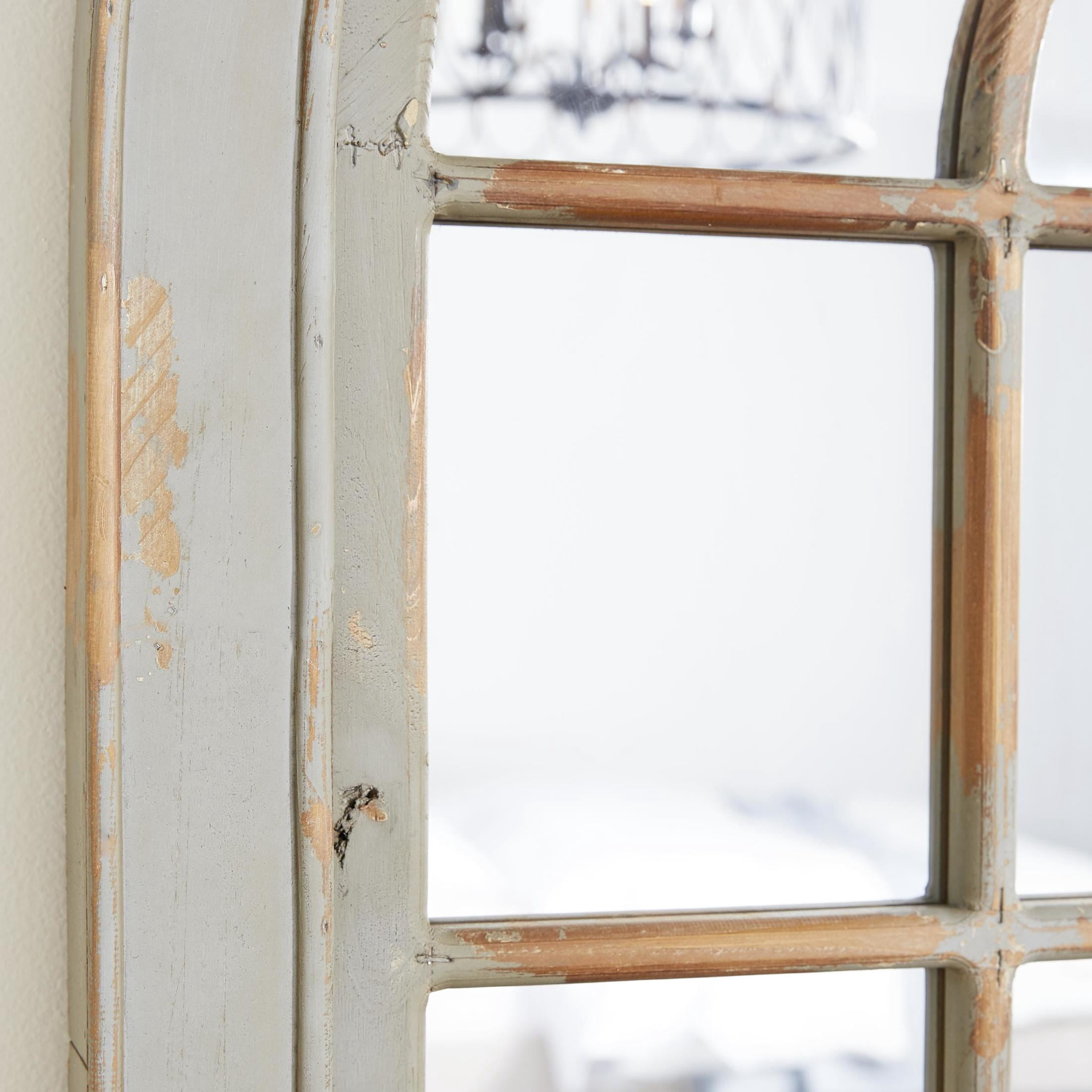 DecMode 37" x 48" Gray Window Pane Inspired Wall Mirror with Arched Top and Distressing