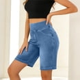 thumbnail image 4 of Bermuda Jean Shorts -Women High Waisted Cozy Tummy Control Stretchy Pull On Denim Jean Shorts Knee Length Jorts with Pockets 03-Light Blue S, 4 of 5
