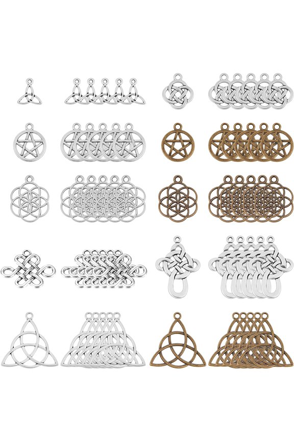 SUNNYCLUE 1 Box 60Pcs 10 Styles Celtic Knot Charms Pendants Pagan Chinese Trinity Knot Flower of Life Chakra Tibetan Style Alloy Hollow Pendants for Crafts Making Supplies, Antique Silver Bronze 60Pcs 10 Styles 2 Colors