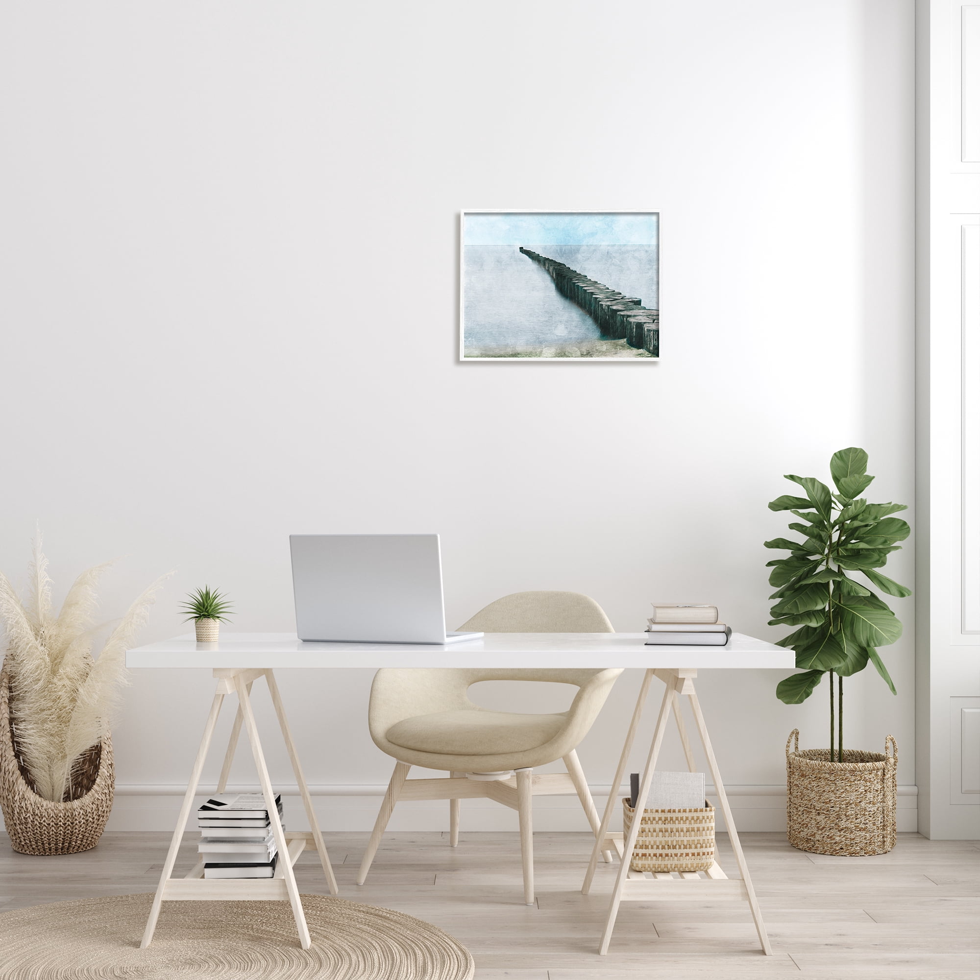 Stupell Industries Shoreline Beach Piling Landscape Nautical Ocean Horizon Nature Painting White Framed Art Print Wall Art, 16 x 20