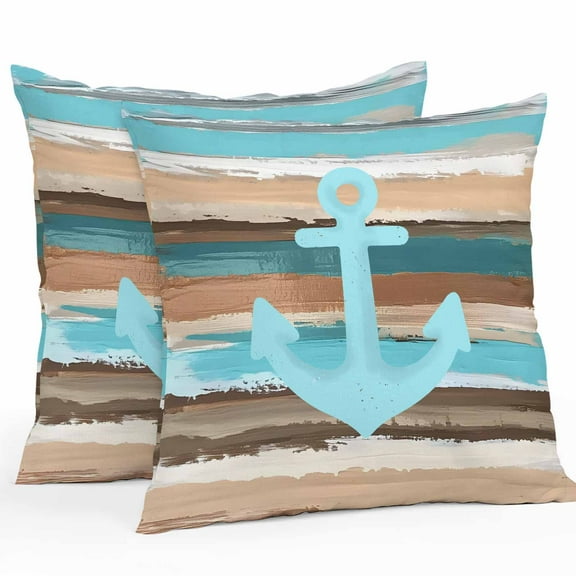 Nautical Anchor Outdoor Waterproof Pillow Covers 24x24 Pack of 2 Ocean Blue Green Brown Wood Grain Vintage Decorative Outdoor Pillow Covers Square Cushion Cases for Patio Furniture Pergola Couch