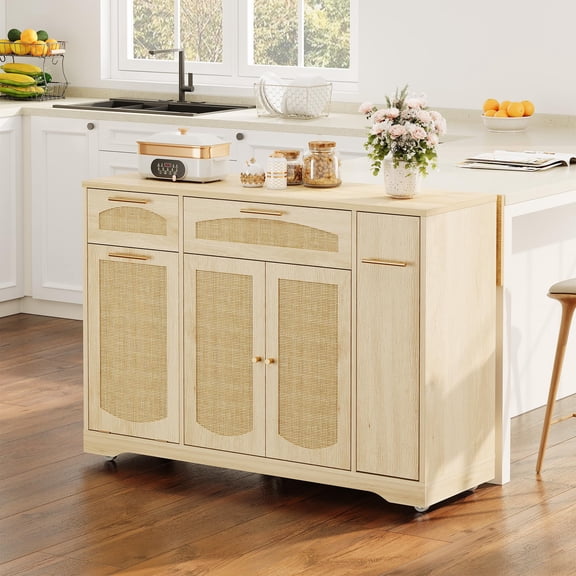 Soonbuy 53.1" Rolling Kitchen Island on Wheels, Rattan Kitchen Cart with Drop Leaf Breakfast Bar, Tilt Out Trash Can Cabinet Drawer Tower Rack, Storage Cabinet for Kitchen