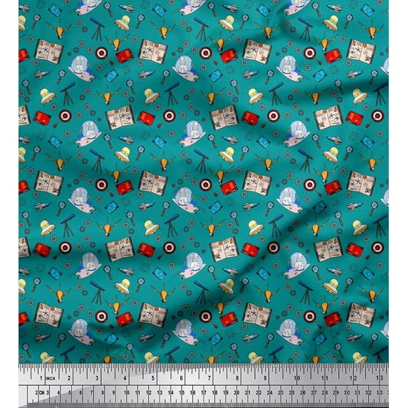 Soimoi Polyester Crepe Fabric Book,Magnifier & Telescope Education Theme Fabric Prints by Yard 42 Inch Wide