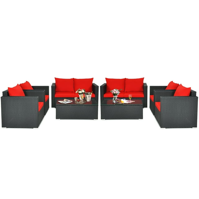Gymax Ensemble de Conversation de Patio en Rotin 8 Pcs Ensemble de Meubles d'Extérieur avec Coussins Rouges