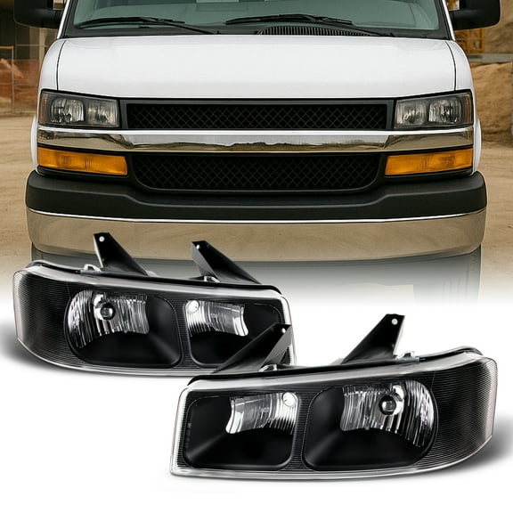 AKKON - For 03-22 Chevy Express | GMC Savana 1500 2500 3500 Black Housing Headlight (Upper) Lamp Left    Right